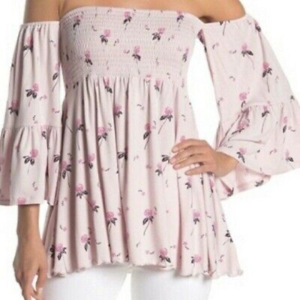 Free People Cloud Berry Combo Floral Smocked Off Shoulder Bell Sleeve Tunic M